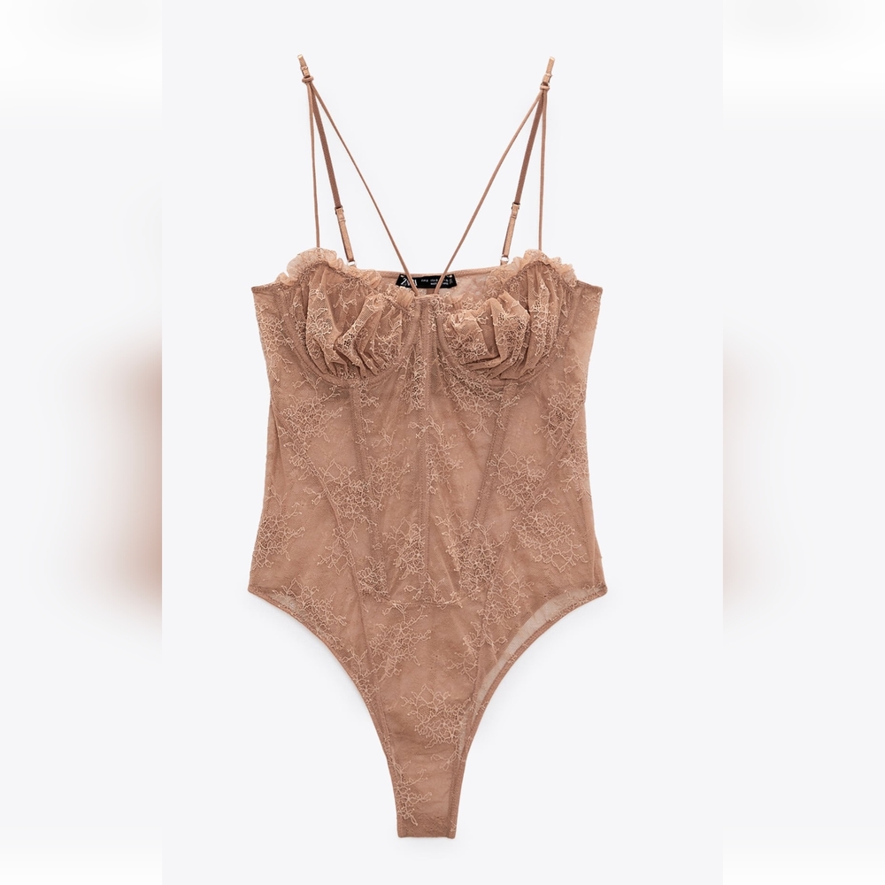 Zara Pretty in Dark Pink Tan 4 LACE V-NECK BODYSUIT Top 🩷🩷 Size US Large